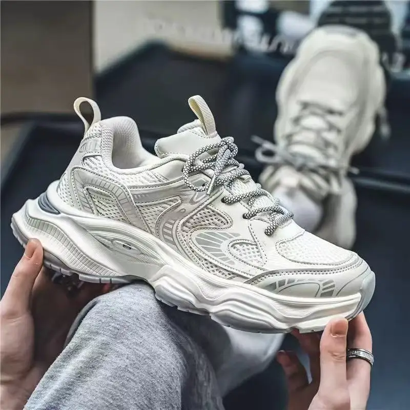 Men's Breathable Mesh Shoes Fall Season Thick Bottom Sport Casual Dad Trendy Shoes Comfortable All-Match Flat Heel Rubber Sole