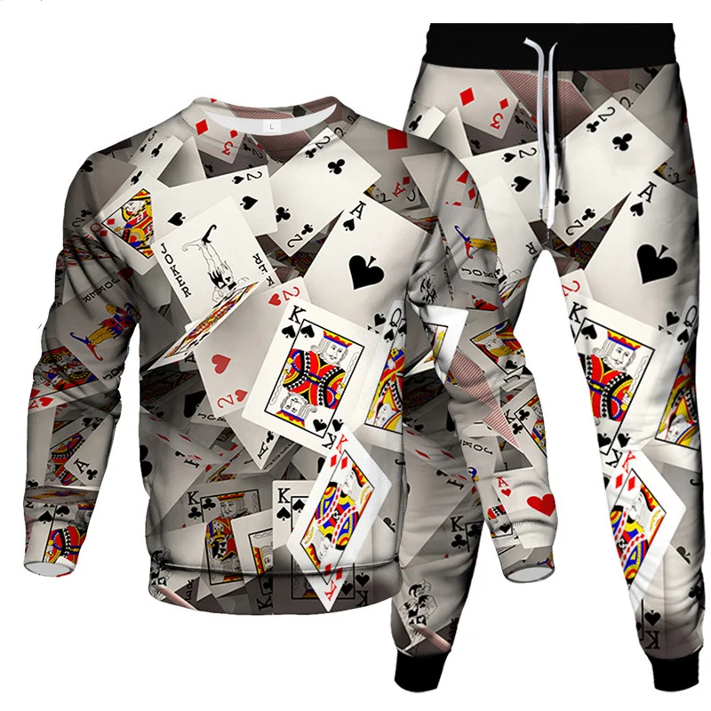 Fashion Autumn Poker 3D Print Men\'s Sportswear Set Casual Long-Sleeved T Shirt Pants 2-Piece Set Oversized Pullover Men Clothing