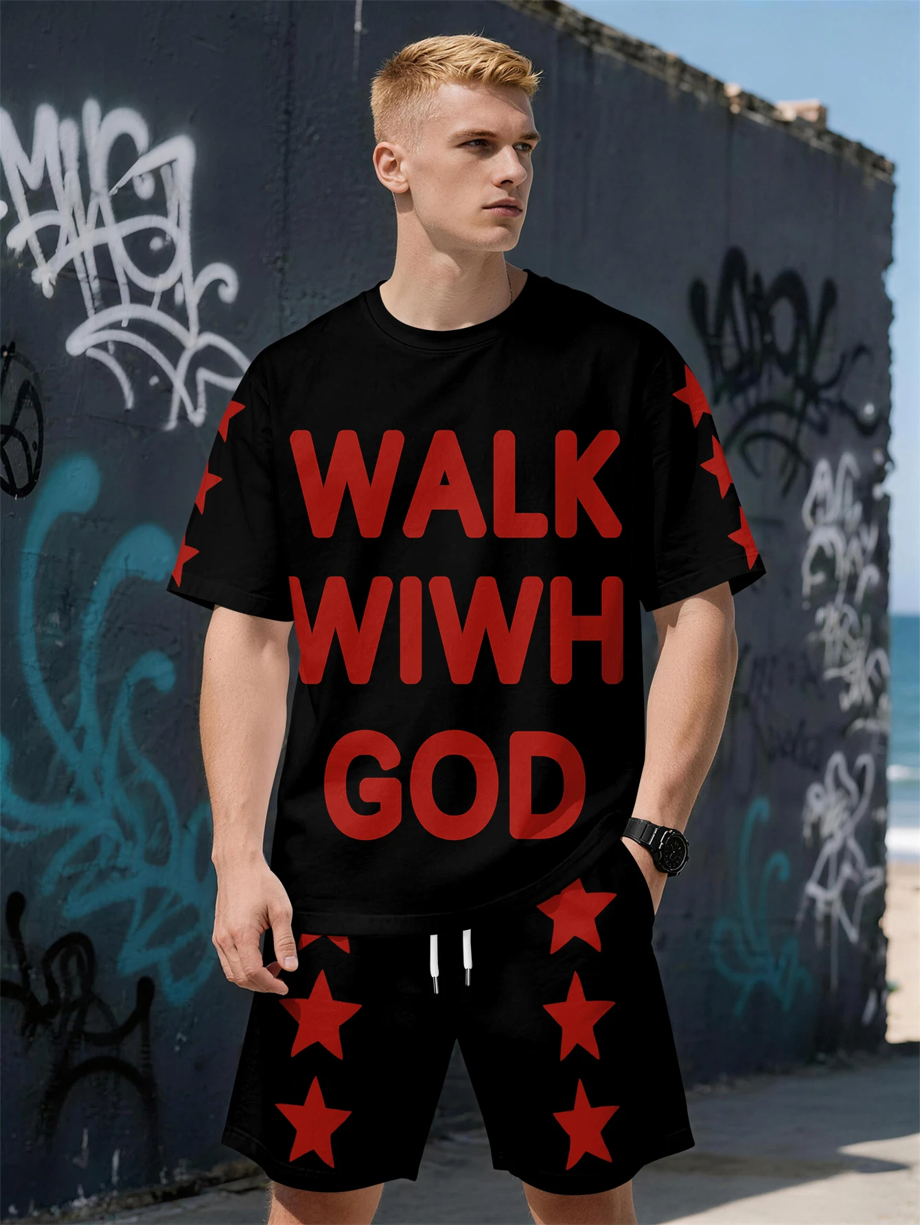 

2026 Summer New Men's Short-Sleeved Set with 3D Trendy Brand Letter Print Fashionable Street Style Comfortable Lightweight Soft