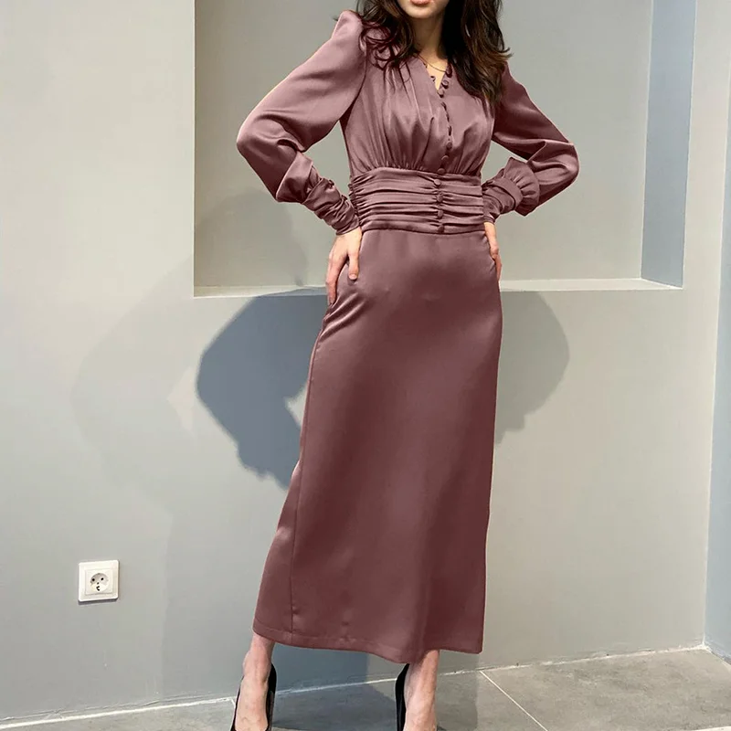 Robe taille haute en satin pour femme, jupe longue élégante, col en V, coupe couvertes, simple boutonnage, robe de soirée moulante, tempérament