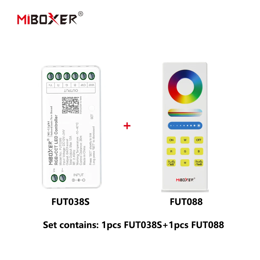 MiBoxer DC12~24V FUT038S+FUT088 2.4GHzRF Wireless RGBW 6A/Ch 16 Millions of colors to choose LED Controller For COB/Led Strip