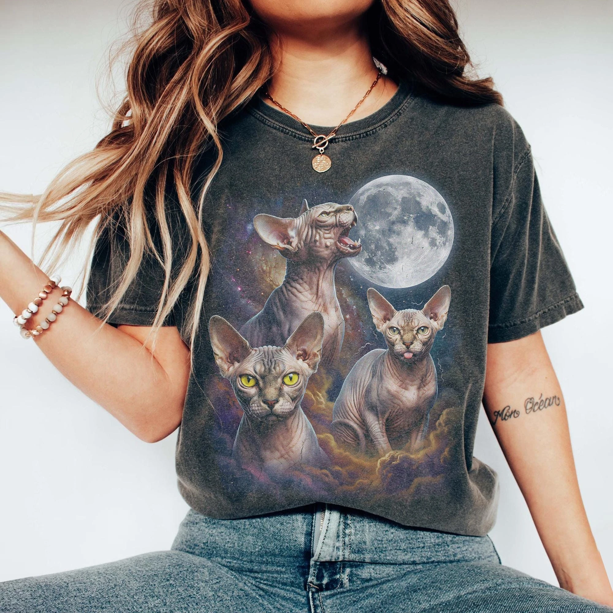 Three Sphynx Cat Moon Shirt, Vintage 90s Graphic Tee, Hairless Feline Lover Gift