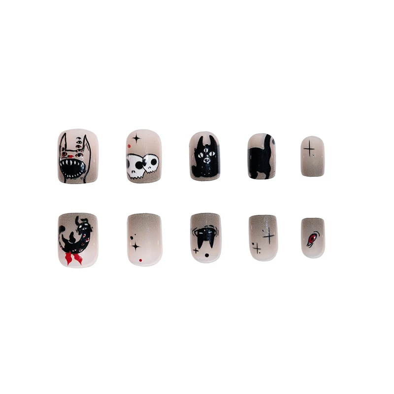 24Pcs Short Halloween Press on Nail Square Open Mouth Devil Black Cat Skull unghie finte occhio scuro unghie finte da indossare per donne e ragazze