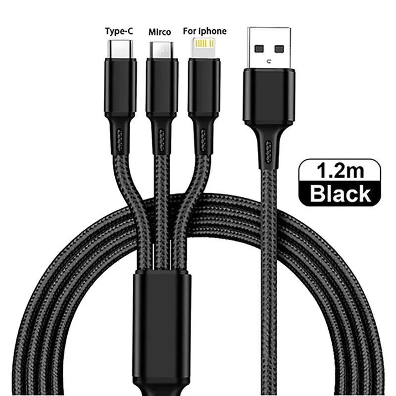 1/3pcs 3 In 1 USB Type C Cable Phone Charge Cable Nylon Braided Universal Charging Data Cord For iphone 14 Xiaomi Huawei Mate 40