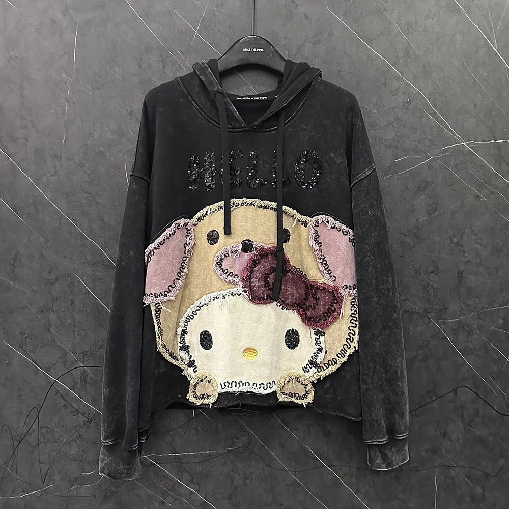 

Plus Size Sweatshirts Hooded High Quality Embroidery Sequined Bow Appliques Loose Casual Black Top Sweet