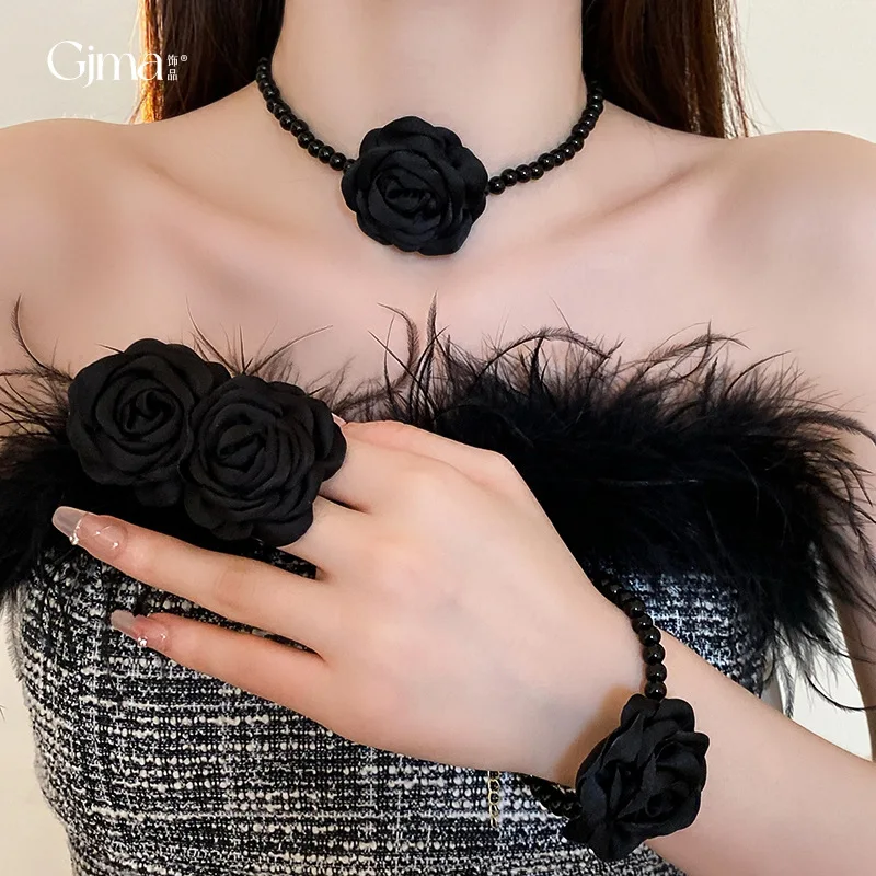 necklaces for women 2024 luxury black fabric flower necklace bracelets fashion chokers earrings three pieces set wholesale