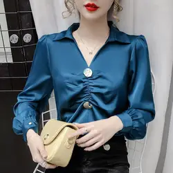 Vintage All-match Pleated Blouse Long Sleeve Polo Neck Solid Elegant Shirt Tops Spring Autumn New Fashion Office Women Clothing