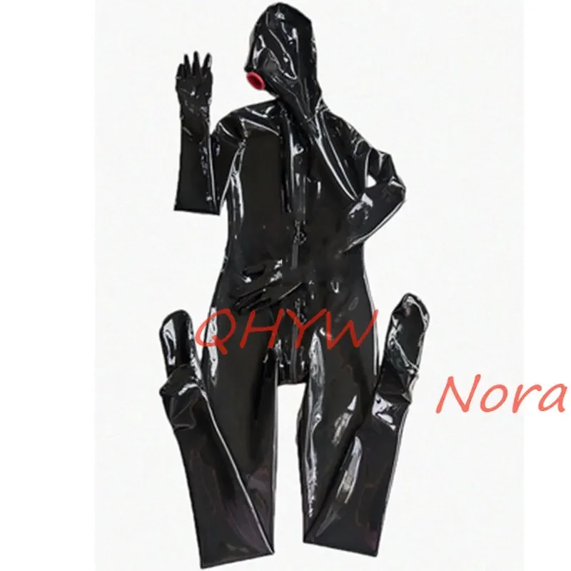 Sexy Natural Latex Woman Full Body Catsuit Women Jumpsuits with Hood Mouth Red Sheath with Gloves Socks Back Zippers