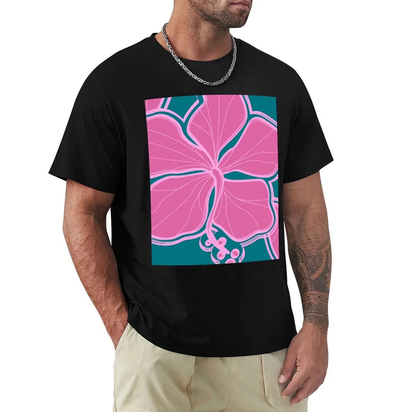 Kailua Hibiscus Hawaiian Engineered Floral - Pink- Teal T-Shirt Basic Lightweight Short Sleeve Tee