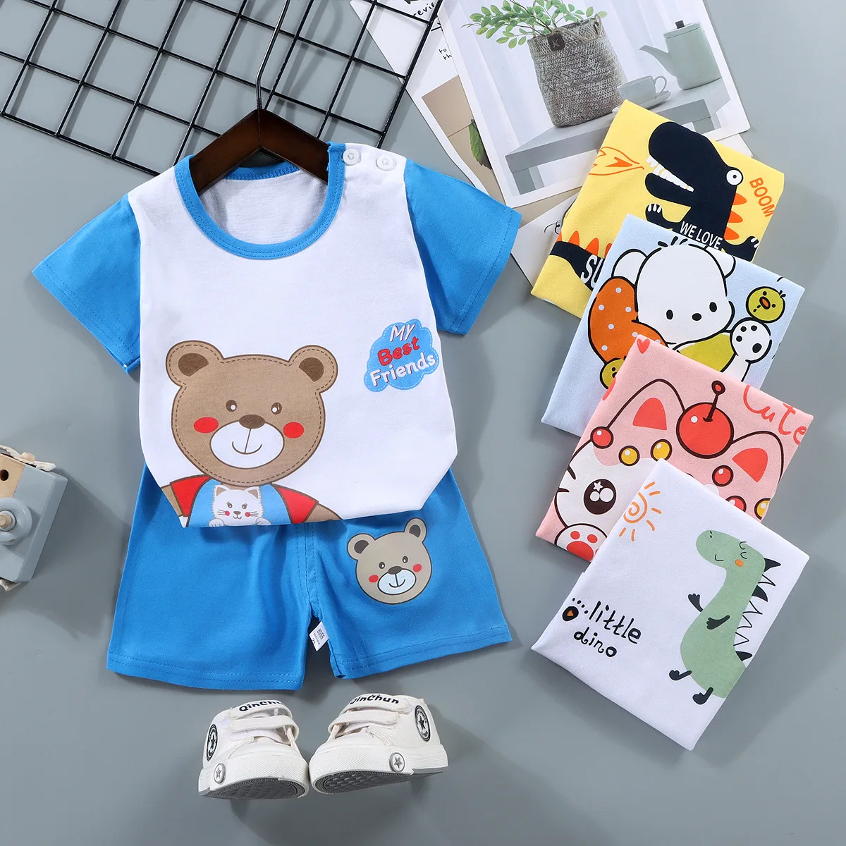 Children's Short-Sleeved Suit Cotton Boys T-Shirt Baby Summer Children's Clothing Girls Shorts Baby Clothes Summer Clothing