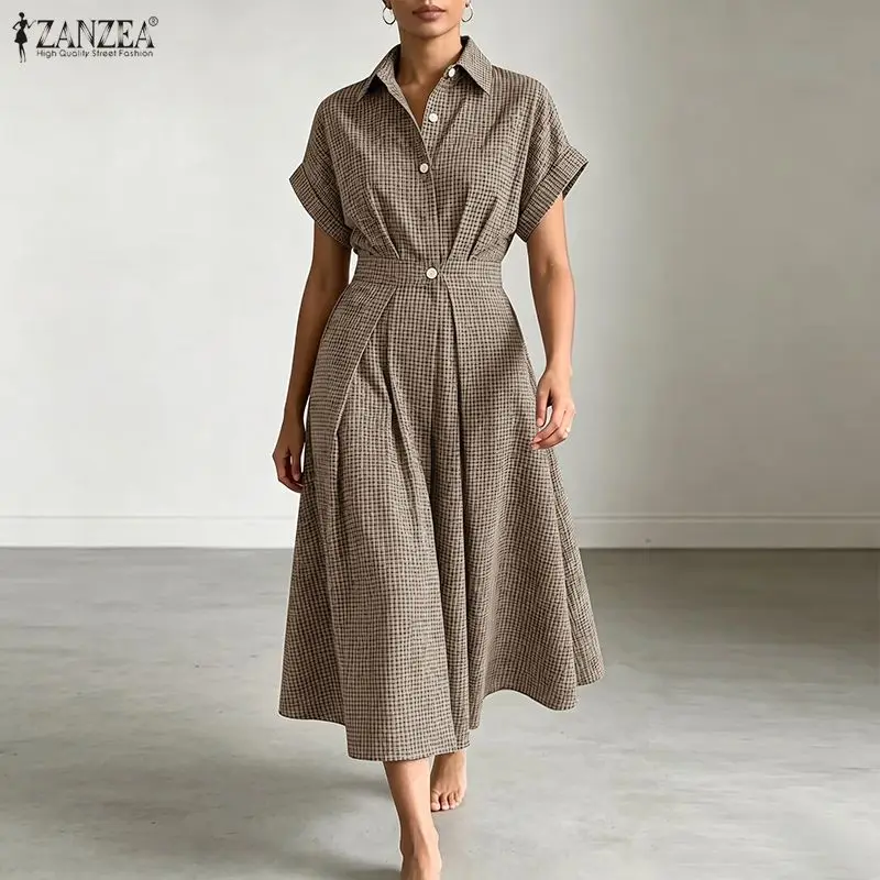 ZANZEA Women Fashion Maxi Shirtdress Turn-Down Collar Short Sleeve Half Button A-Line Dress Loose Elastic Waist Vestidos S-2XL