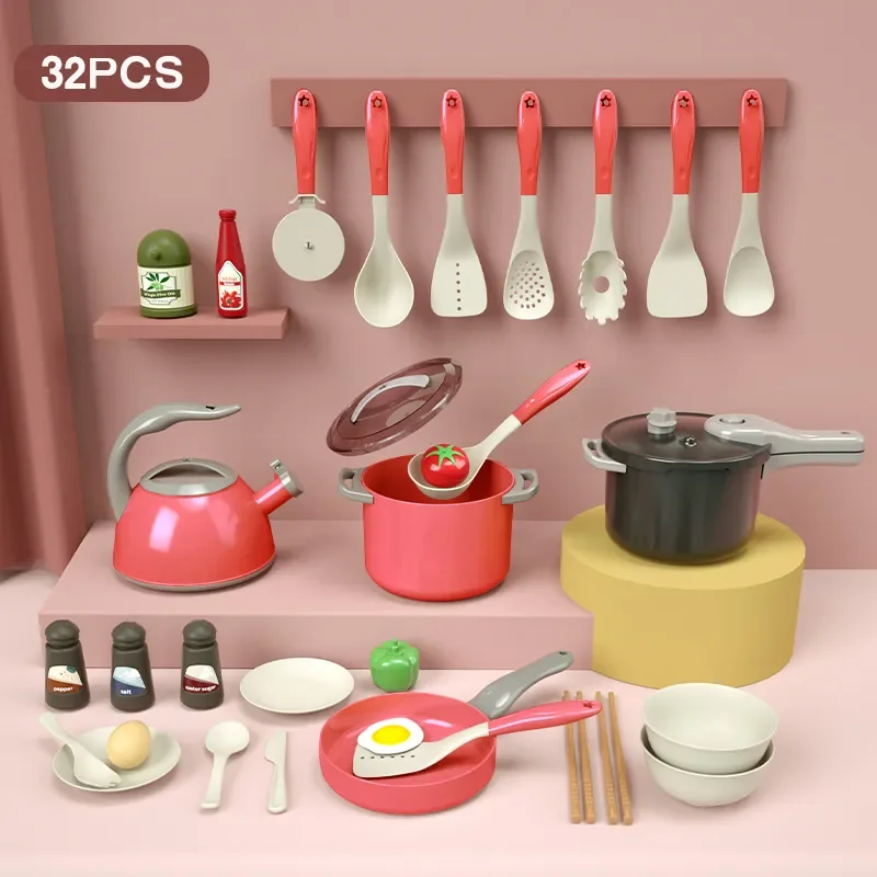 Juego de cocina de 32 piezas para niños y niñas, juego de comida con ollas, utensilios de cocina, juego de rol