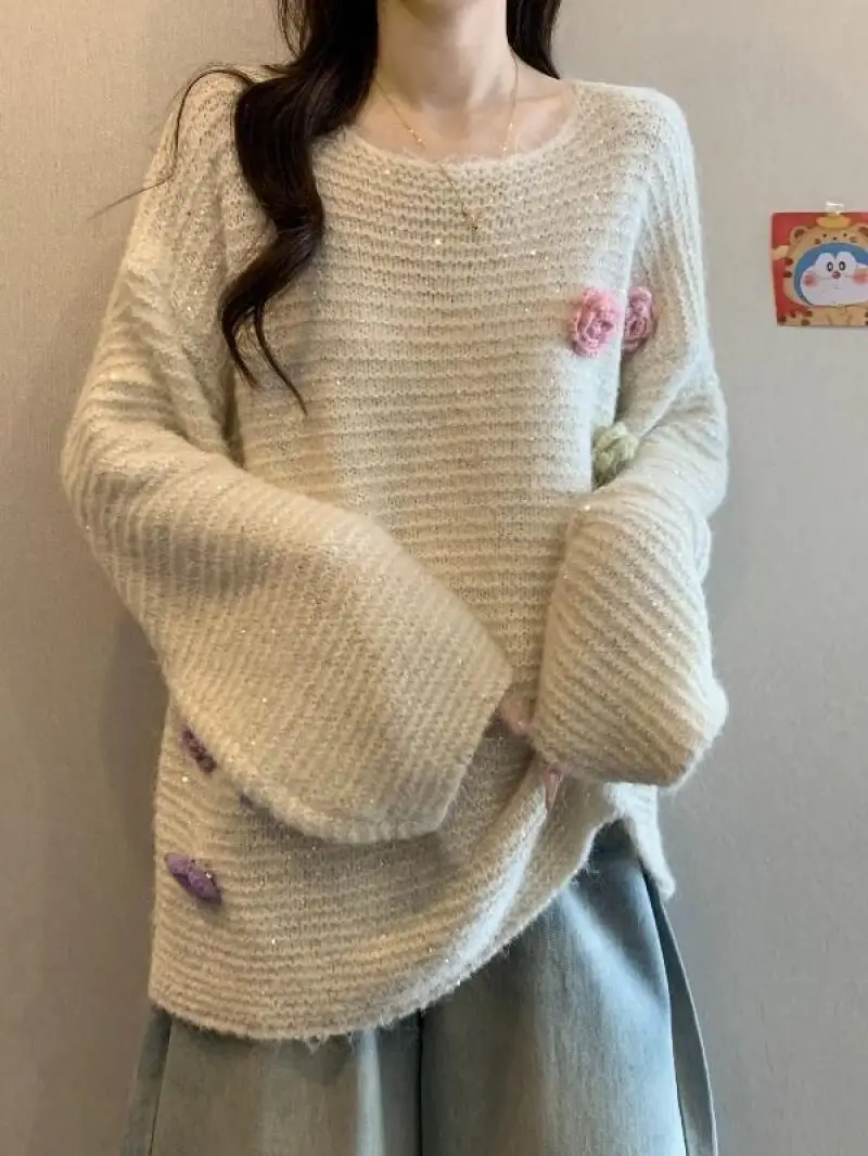 스웨터 니트웨어 여성 플러스 사이즈 아름다운 꽃무늬 회색 스웨터 여성 니트웨어 긴팔 탑 가을 겨울용