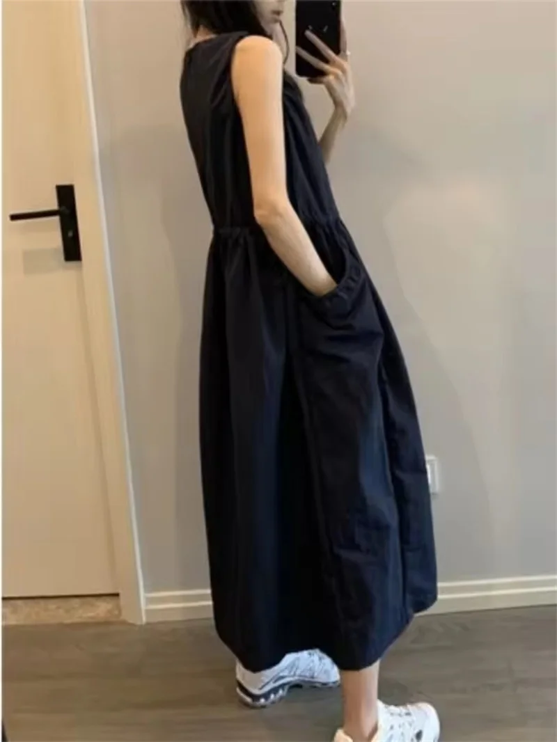 Korean Lightweight Vest Dress Women's Summer New Sleeveless Drawstring Long Dress Quick Dry with Pocket A-line Dress