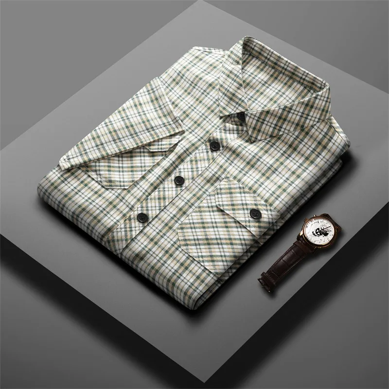 Summer New Short Sleeved Workwear Shirt, Men\'s Slim Fit Plaid Striped Button Pocket, Flip Collar, Summer Casual Fashion Shirt