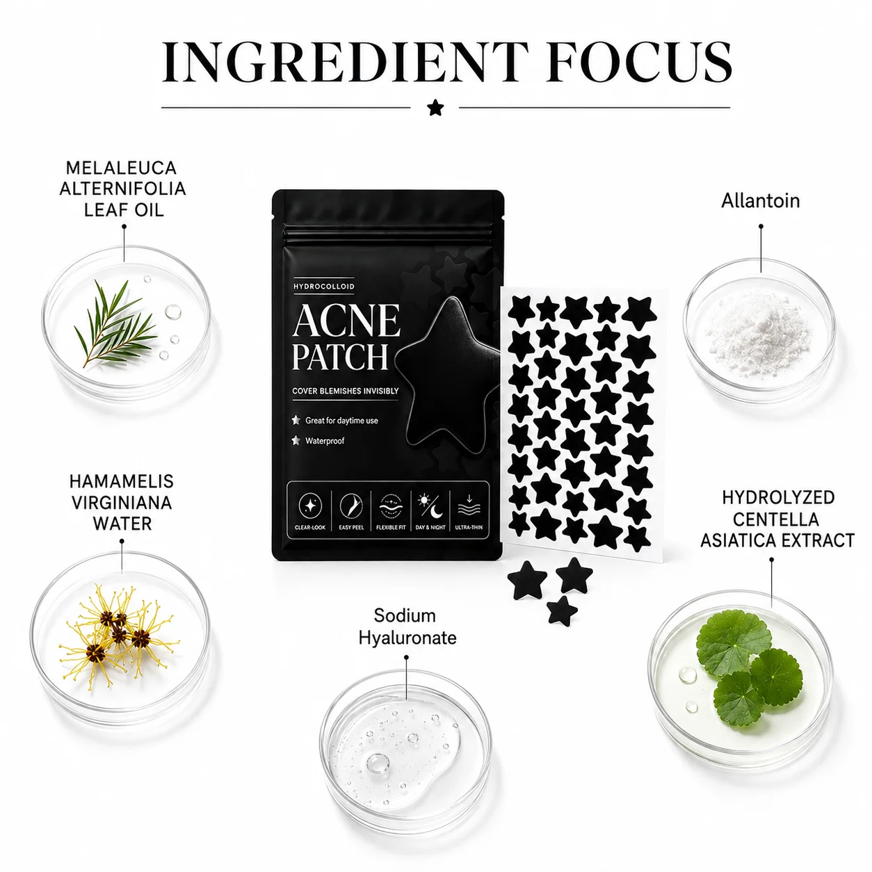 600pcs Mixed-Size Black Star Pimple Patches, Hydrocolloid, Clear-Look, Easy Peel, Everyday Face Styling, Day & Night Wear