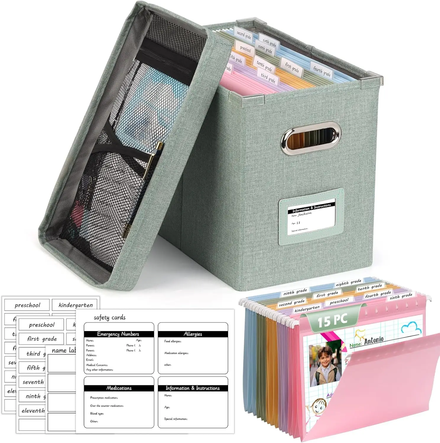 

Набор для организации школьных принадлежностей: 15 подвесных папок, пластиковые этикетки и коробка для хранения памятных вещей, зеленый цвет