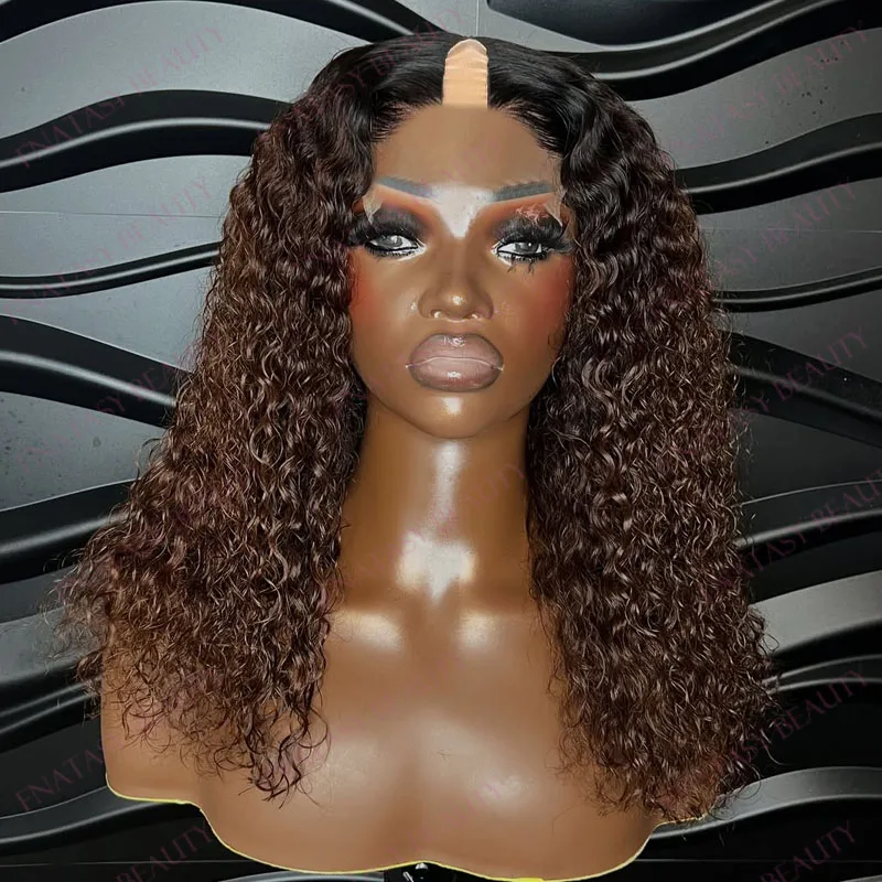

Afro Black Women Easy Wear Ombre Kinky Curly Dark Chestnut Brown Natural 1x4 Opening U Part Wigs Full Ends Glueless Long Wigs