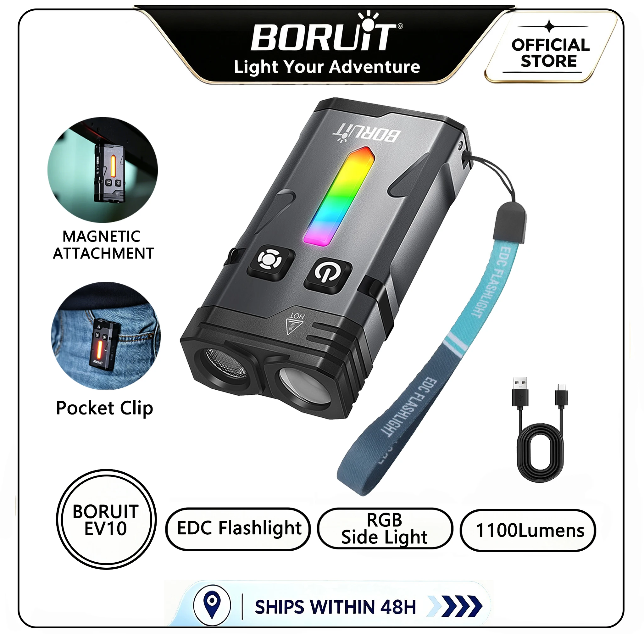BORUiT EV10 1100LM LED Keychain EDC Flashlight Type-C Rechargeable Work Light Torch with Magnet for Camping Pocket Lantern