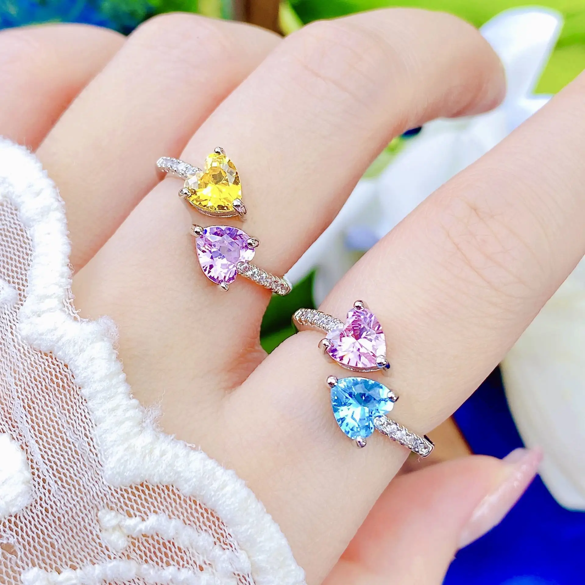 Trendy 925 Sterling Silver Ring for Women Color Block Heart Ring Set High AAA Zircon Open Style Fashionable Luxury Jewelry
