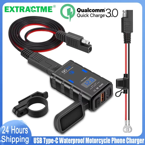 Extractme-cargador USB para motocicleta, resistente al agua, QC3.0, USB + tipo C, 6,4a, con cable, voltímetro, adaptador de enchufe de fuente de alimentación para Moto