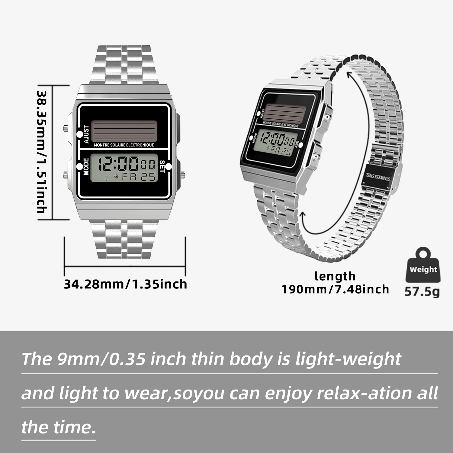 Jinrong 0732 ساعات إلكترونية رقمية للشحن بالطاقة الشمسية للرجال عمر البطارية 720 يومًا فوق مقاومة للماء 3Bar Reloj Hombre
