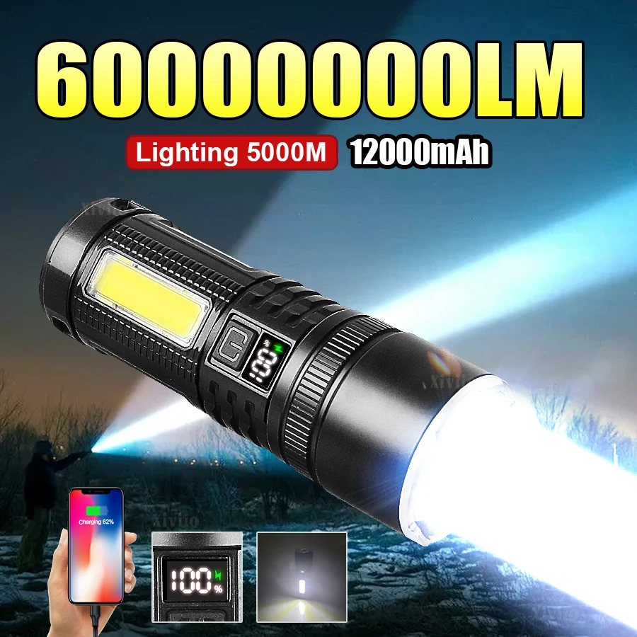 

60000000LM Сверхмощные фонарики COB Мощный светодиодный фонарик Tpye-c Перезаряжаемый масштабируемый фонарик Лампа для кемпинга Ручной фонарь
