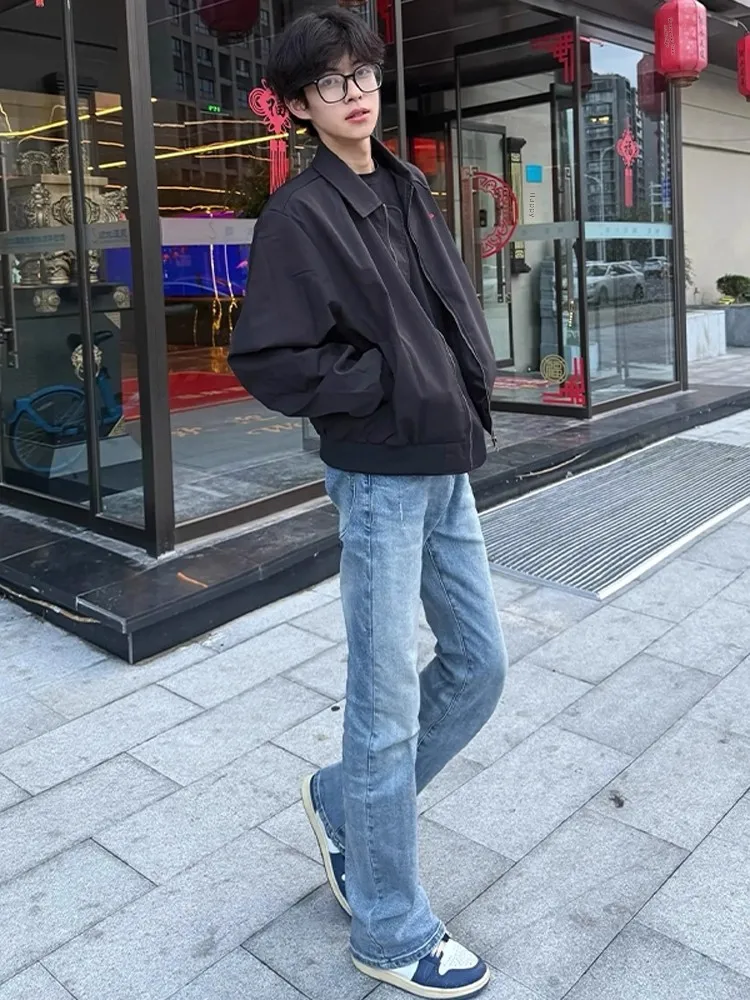 

Light Blue Slim Straight Men's Jeans High Street Vibe Cleanfit Slimming Flared Knife Jeans High Waist Denim Jeans