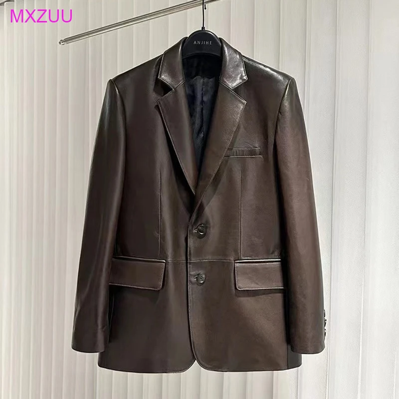 

Coffee/Black Genuine Leather Blazer Women Commuter Style Single-Breasted Loose Oilwax Vegetable Tanned Sheepskin Suit Jackets