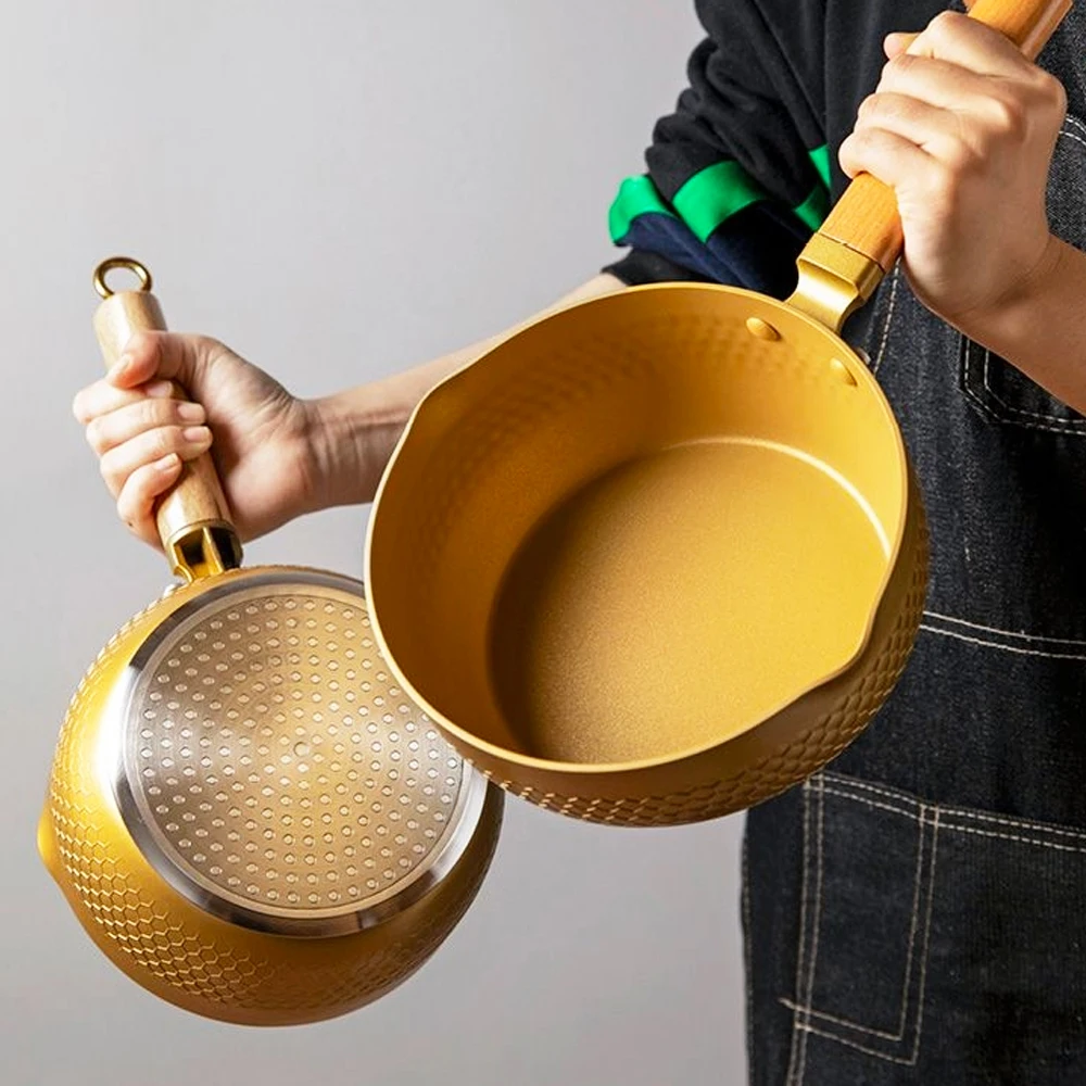 18/20/24cm Gold Soup pot Japanese Snow Saucepan Non-stick Frying Pan wok wood handle Home Milk Sauce Cooking Kitchen Cookware