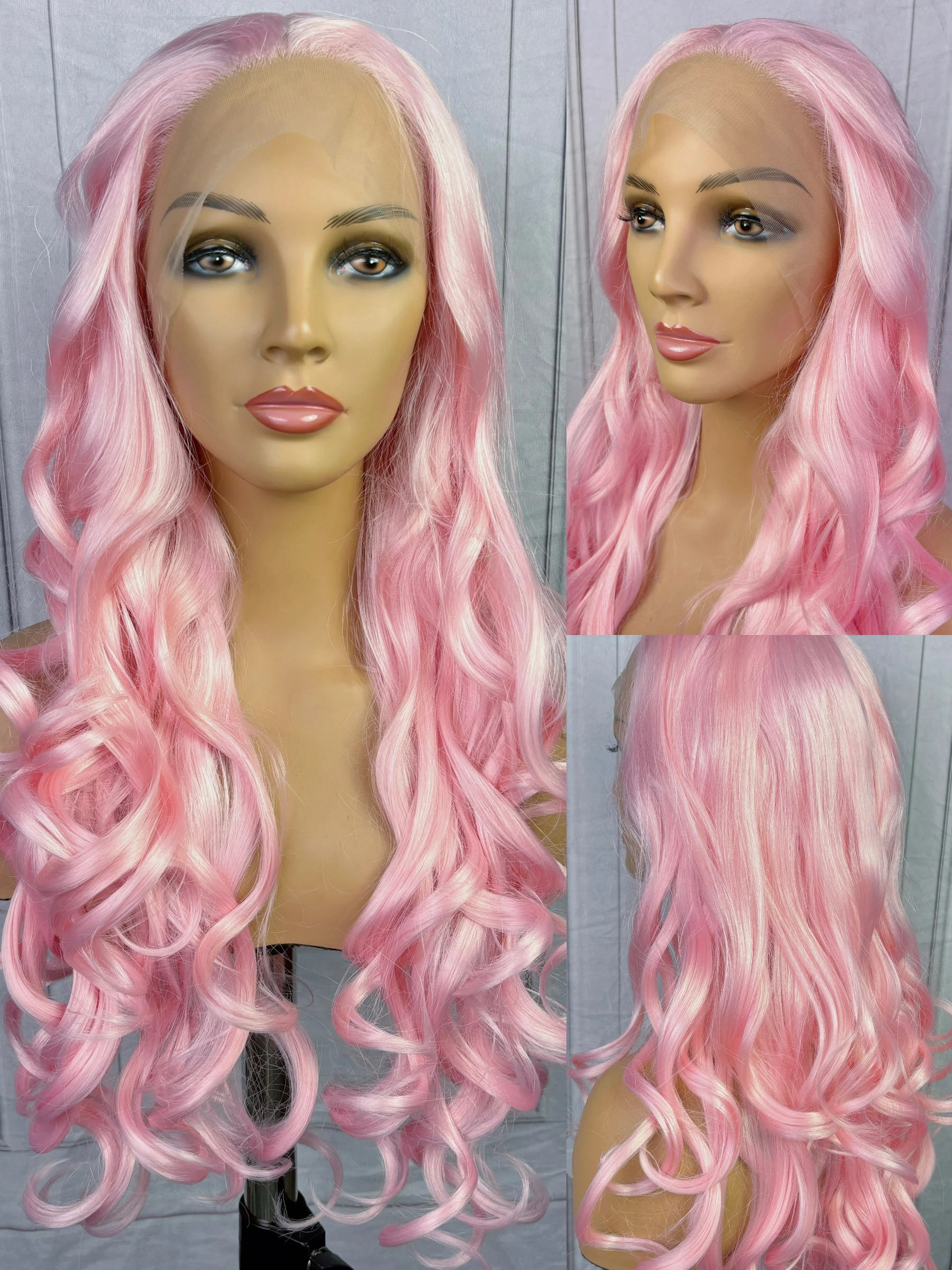 Pink Long Wave Wigs Synthetic Transparent Lace Front Wigs 180Density Heat Resistant For Women\'s Daily Party Cosplay Use Wavy Wig