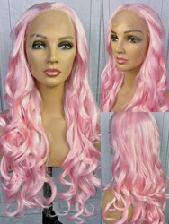 Pink Long Wave Wigs Synthetic Transparent Lace Front Wigs 180Density Heat Resistant For Women's Daily Party Cosplay Use Wavy Wig