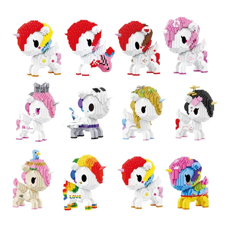 Kawaii يونيكورن مايكرو اللبنات قوس قزح المهر نموذج دمية DIY بها بنفسك تجميع بازل أطفال ألعاب شخصيات الطوب الصغيرة للطفل هدية