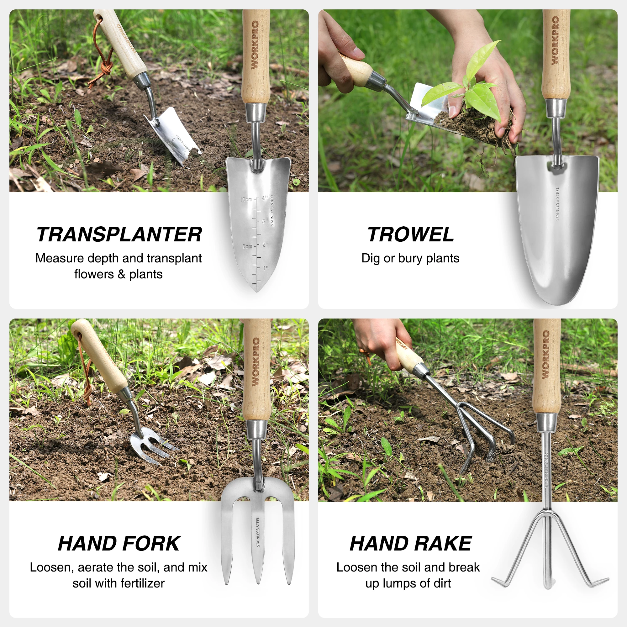 WORKPRO Ensemble d'outils de jardin rose 8 pièces, outils de jardinage en acier inoxydable avec manche en bois, comprenant fourre-tout de jardin, gants, truelle