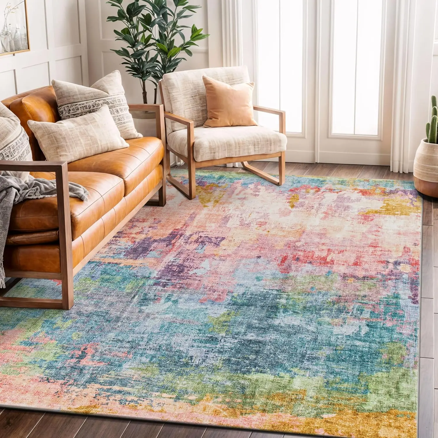Multi Abstract Distressed Area Rug, Machine Washable Non Slip Carpet for Living Room Bedroom Home Office, Modern Decor