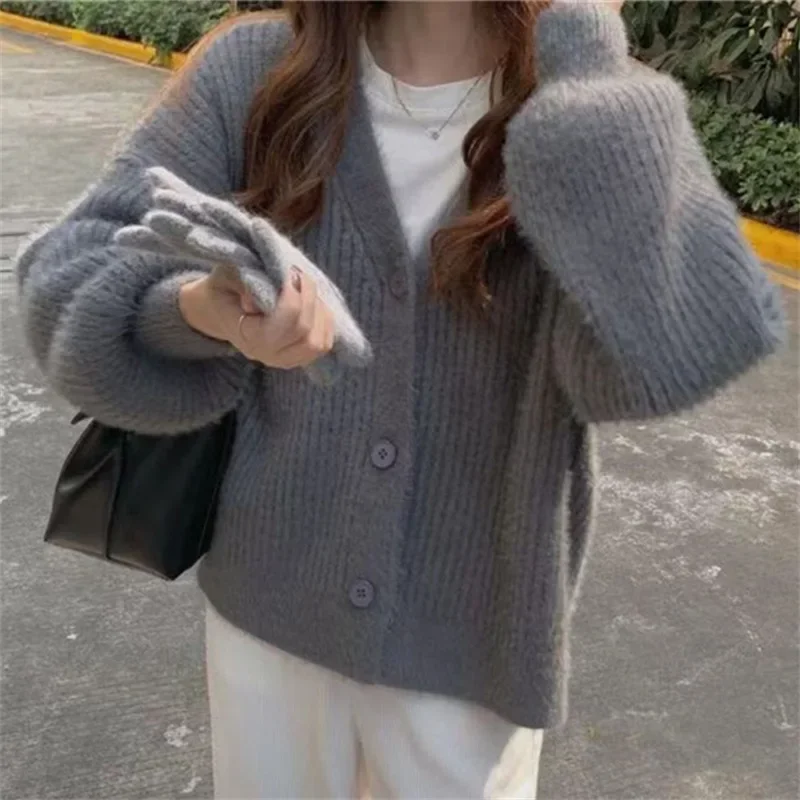 2024 Autumn and Winter New Imitation Mink Sweater Coat Women Simple Wind Lantern Sleeve V-neck Loose Sweater Cardigan Women