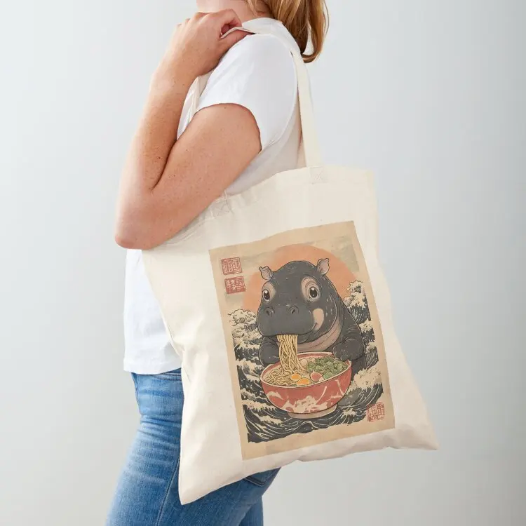 Moo Deng Hippo Eat Ramen For Japanese Style Fan, Kawaii Anime Gift For Fan Tote Bag Lady bags Canvas shoulder bag shopper bags