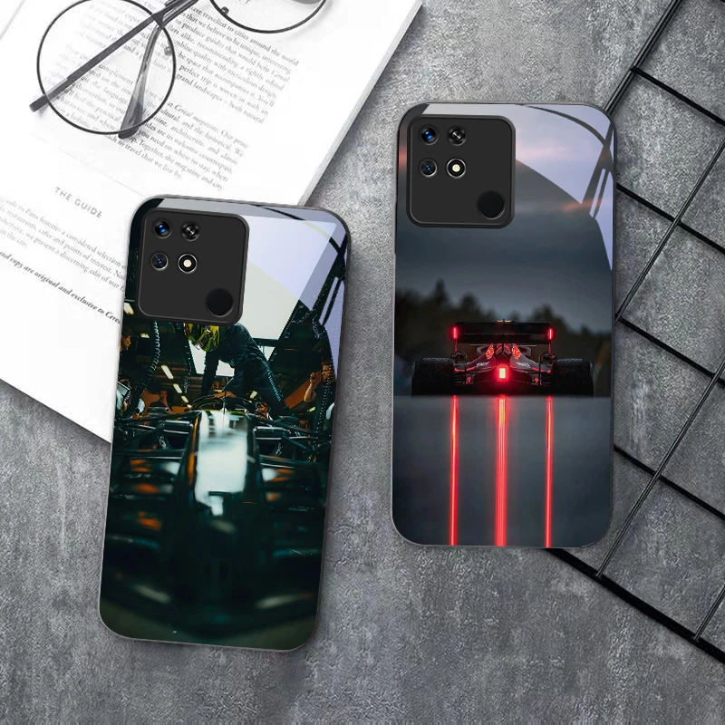Coche de carreras negro para Xiaomi Mi 9 SE 12 12T 13 13T 14 14T Pro 11 A3 A2 6X Pocophone F1 10T Lite 5G Mix 2S funda de teléfono de cristal negro