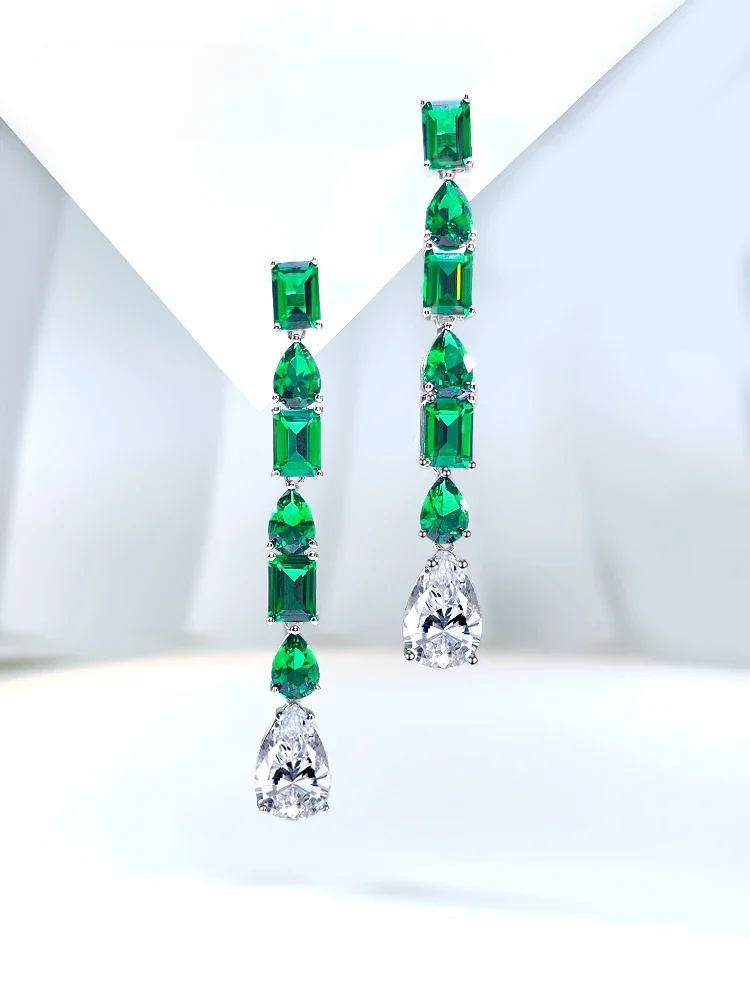 Fashion Retro Versatile Green Droplets 925 Silver Earrings Inlaid with High Carbon Diamonds Suitable for Wedding Jewelry