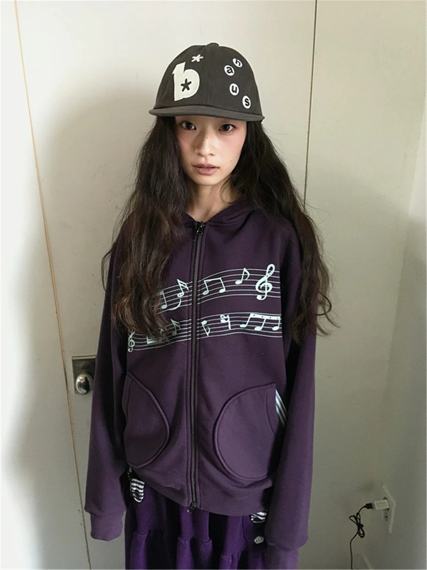 Korean Style Women's Hoodie Jacket Embroidered Zipper Loose Casual Autumn Winter Music Note Striped Sweatshirt Outerwear