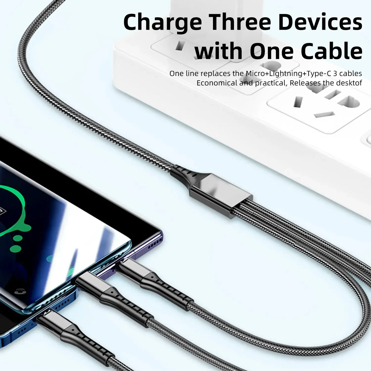 3 in 1 5A 66W USB Type-C Cable Fast Charging Wire 3in1 Micro USB Type C Charger Data Cable For iPhone 14 Samsung Xiaomi