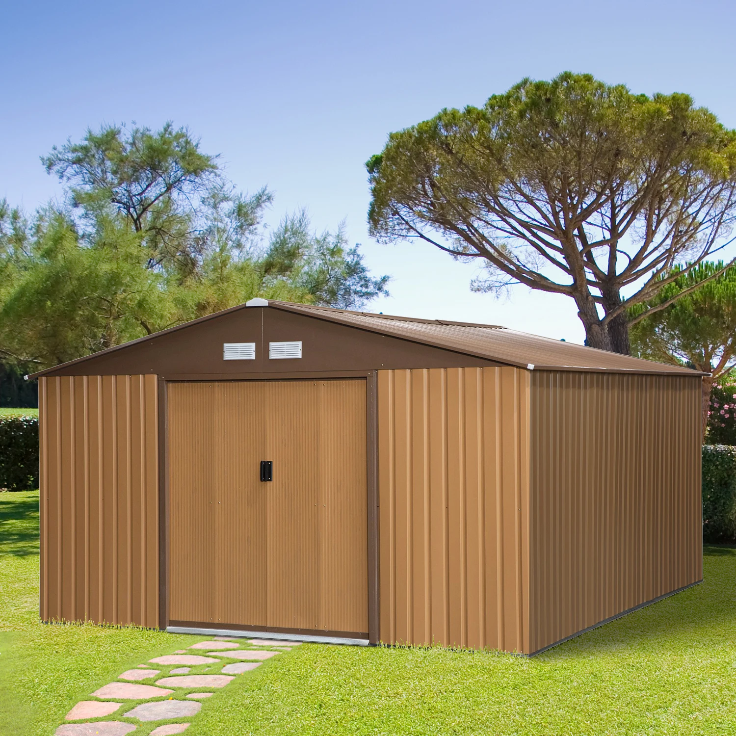 Outsunny Cobertizo Jardín 13,1 m² para Almacenamiento de Herramientas Ocre