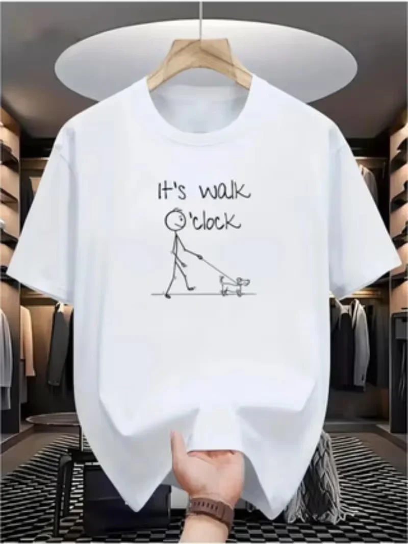 Playful Minimalist It's Walk Clock Stick Figure Dog Walking Print T-Shirt Oversized Casual All Match Short Sleeve Top for Women