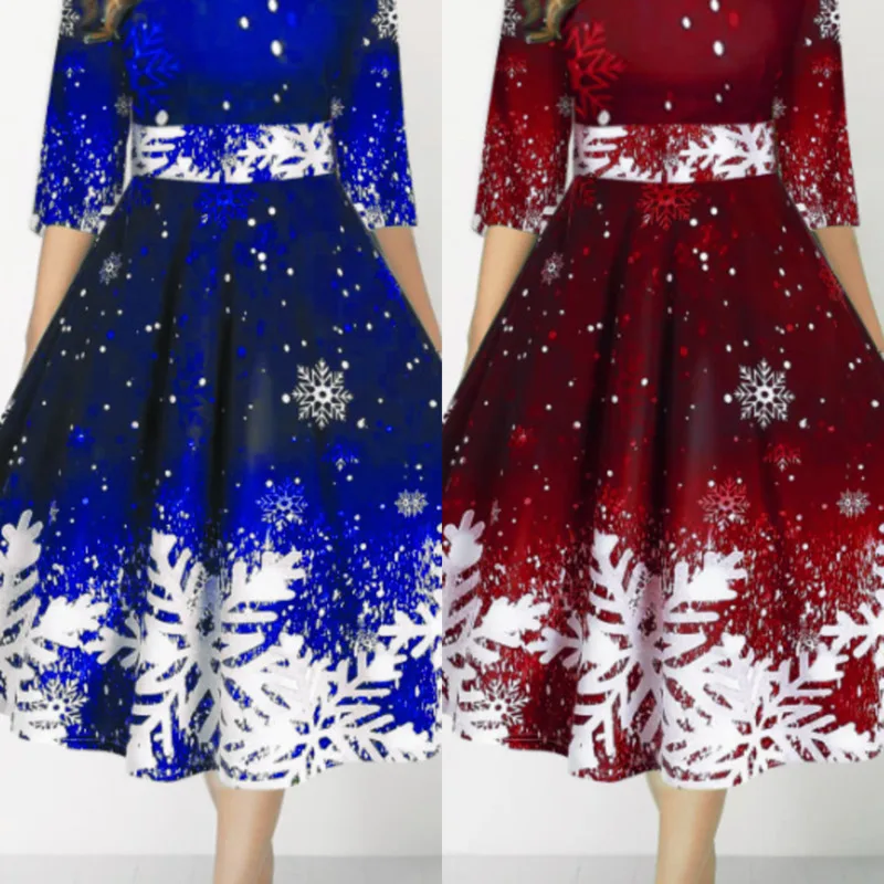 3D Snowflake Christmas Dresses Women Ins Mid Sleeve Waist A-Line Holiday Outfit Trendy Eur Xmas Party Fashion A-line Dresses New