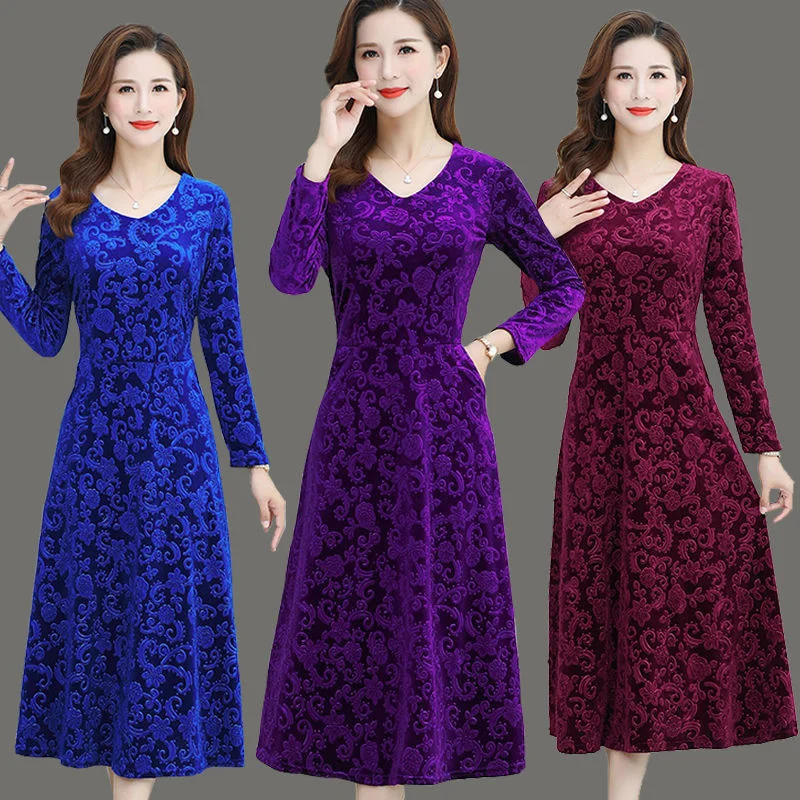 

Autumn Winter Dresses Women Casual Vintage V-neck Long Sleeve Velvet Dress Elegant Floral Print Midi Evening Party Dress