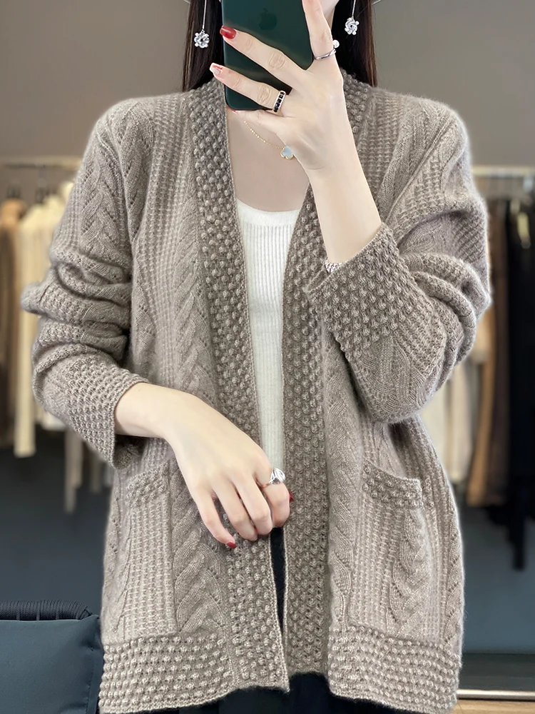 Spring Autumn 100% Pure Merino Wool Women’s Cardigan V-neck Twist Flower Cashmere Knitwear Female Sweater Fashion Top