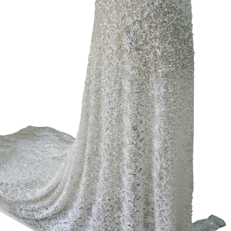 Bestickter Spitzenstoff für Hochzeitskleid, 3D-Blumen, Perlenpailletten, Perlenschlauch, Senior Shining Bride Stoff, RS4076 – Detail 8