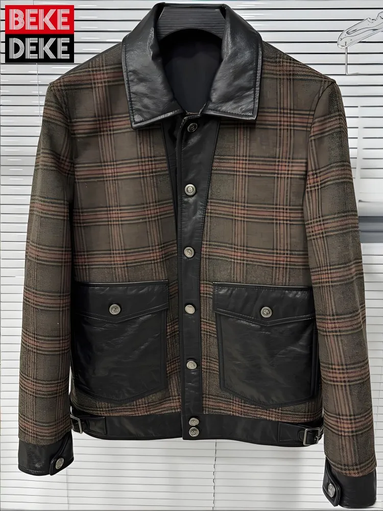 

Business Casual Male Lapel Long Sleeves Genuine Leather Jacket Warm Cowhide Wool Blend Single-Breasted Pocket Grid Short Coat