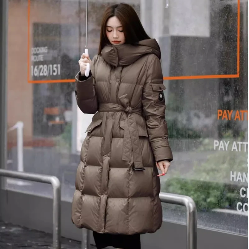 Winter Long Thickened 90 Duck Down Jacket Women\'s Down Jacket Slim Hooded Waist Warm Coat High-end Temperament Elegant Parkas