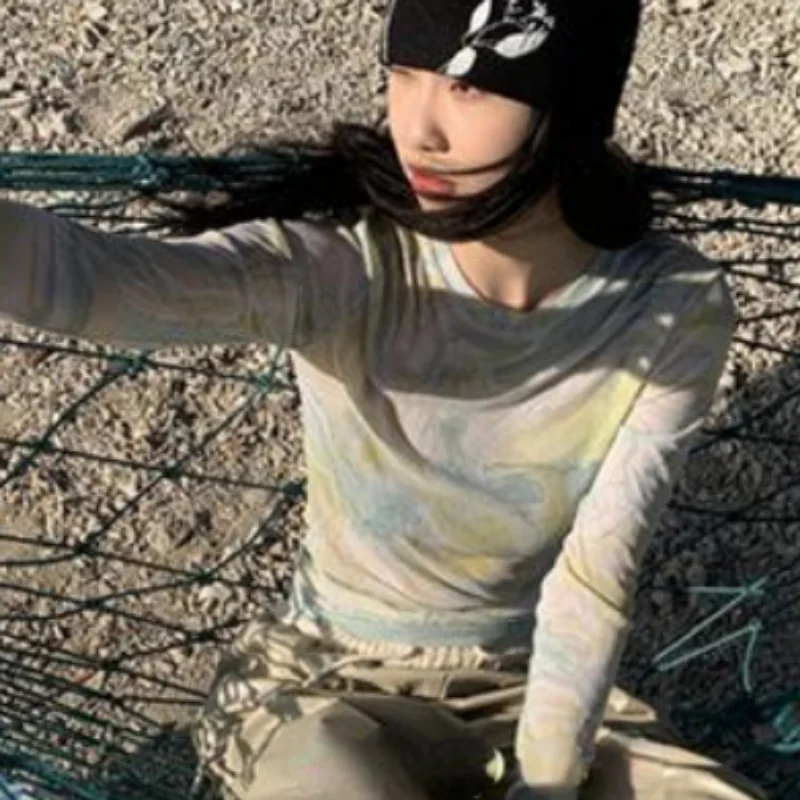 

T-shirts Women Personality Streetwear Female Simple Literary Spring Korean Style O-neck Casual Prevalent Ins Tie Dye Tops Slim